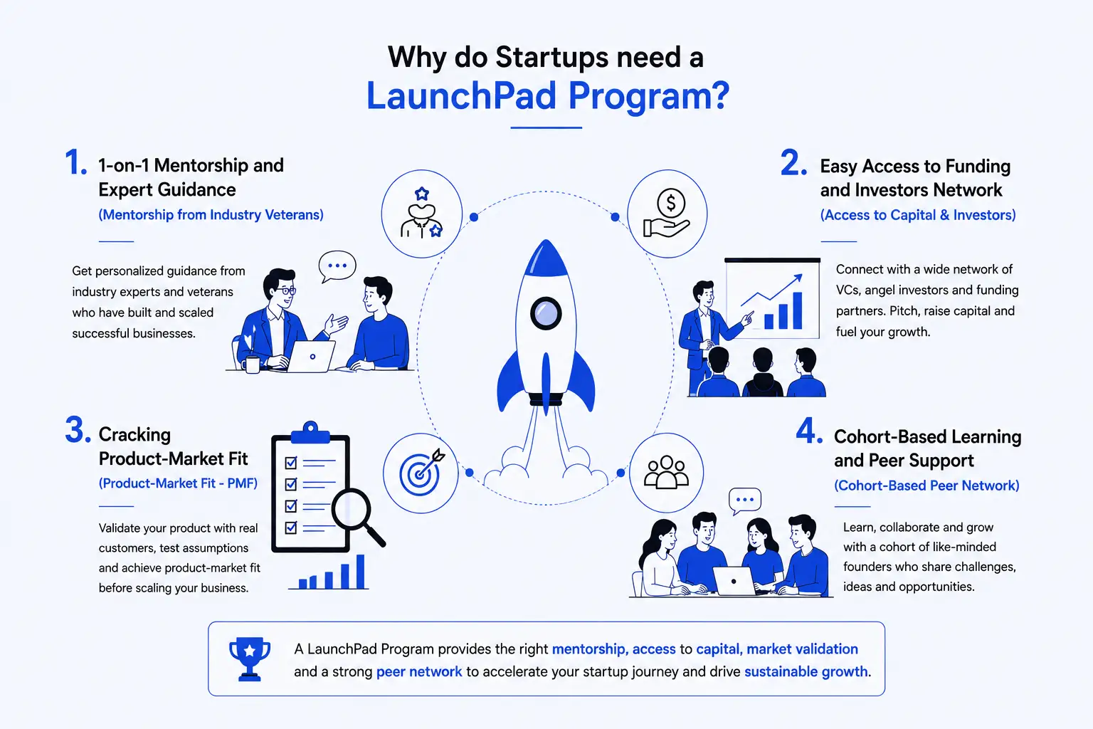Illustration showing why startups need a LaunchPad program, featuring mentorship, investor funding, product-market fit, and peer networking.
