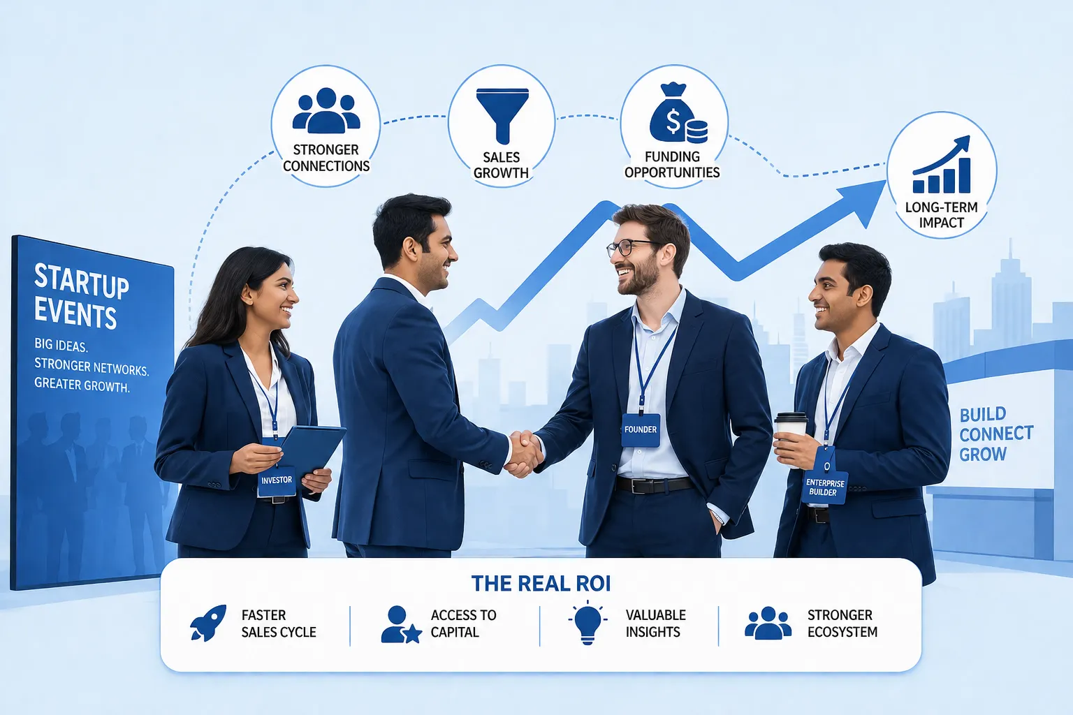 Business professionals networking at a startup event, building partnerships, attracting investors, and driving long-term business growth.