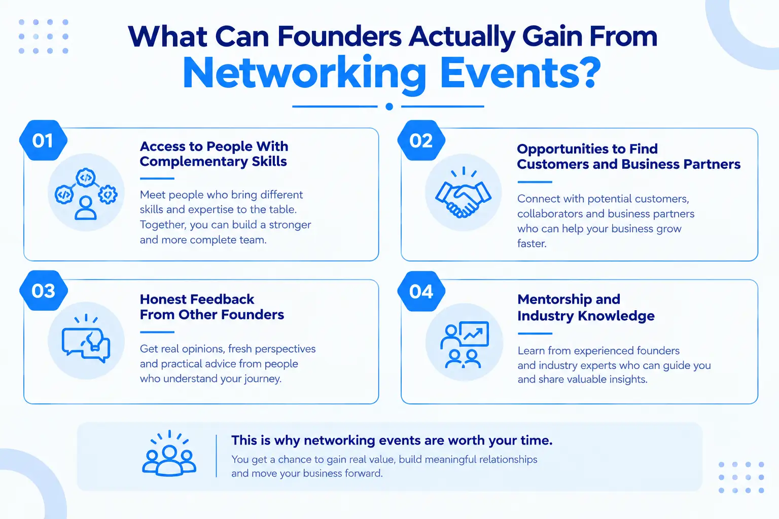 Networking events help startup founders gain skills, clients, and mentors